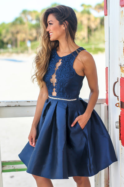 Navy Sleeveless Short Dress with Embroidered Top