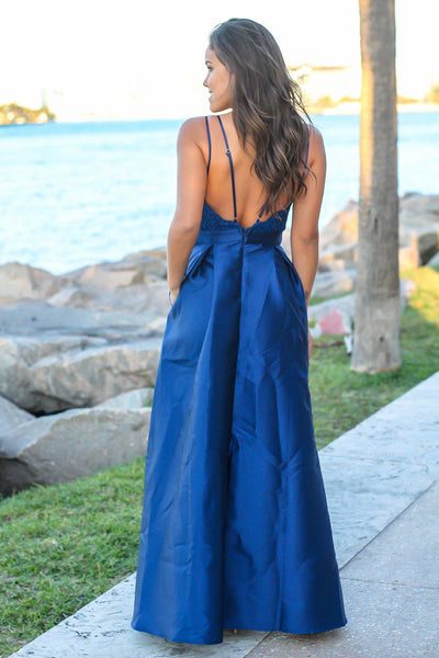 Navy Strappy Back Maxi Dress with Embroidered Top