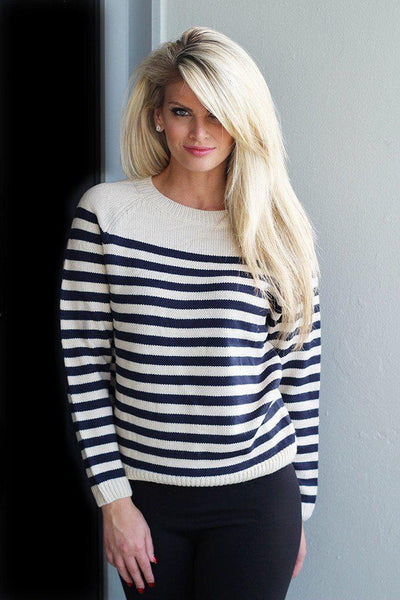 Navy Striped Sweater With Elbow Patches