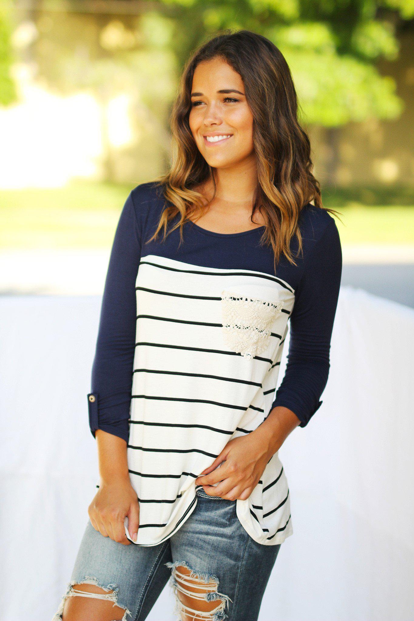 navy striped top with crochet pocket