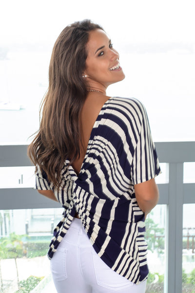 Navy Striped Top with Twist Back