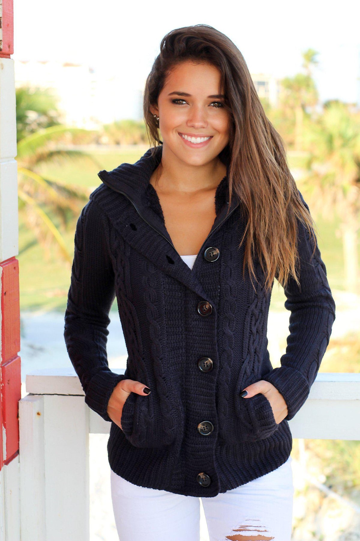 Navy Sweater With Fur Hood | Sweaters – Saved by the Dress
