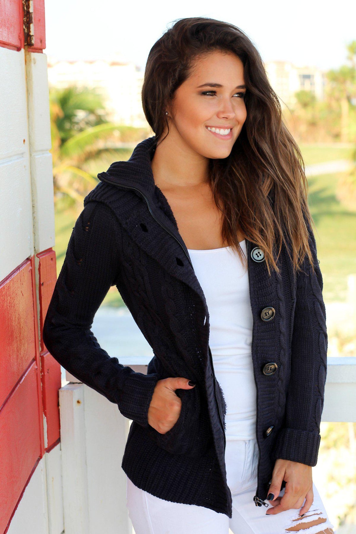 Navy Sweater With Fur Hood | Sweaters – Saved by the Dress