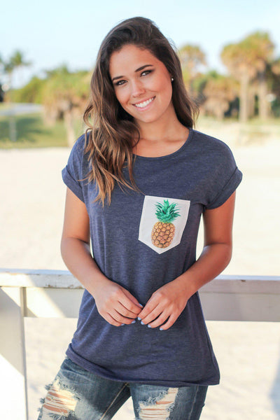 Navy Tee with Pineapple Pocket
