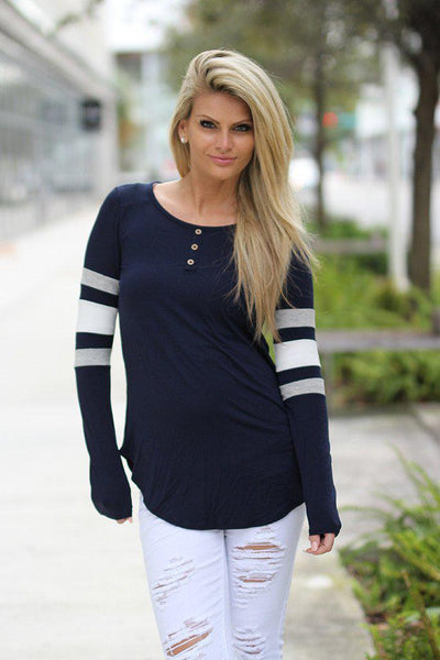 Navy Top with Color Block Sleeves