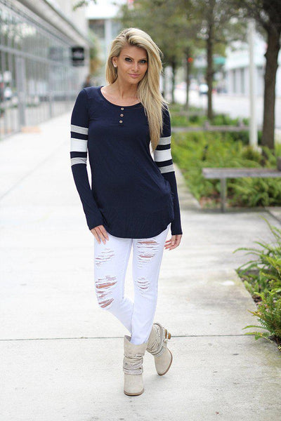 Navy Top with Color Block Sleeves