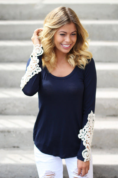 navy crochet sleeves top
