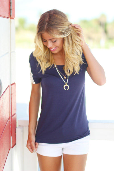 Navy Top with Crochet Sleeves