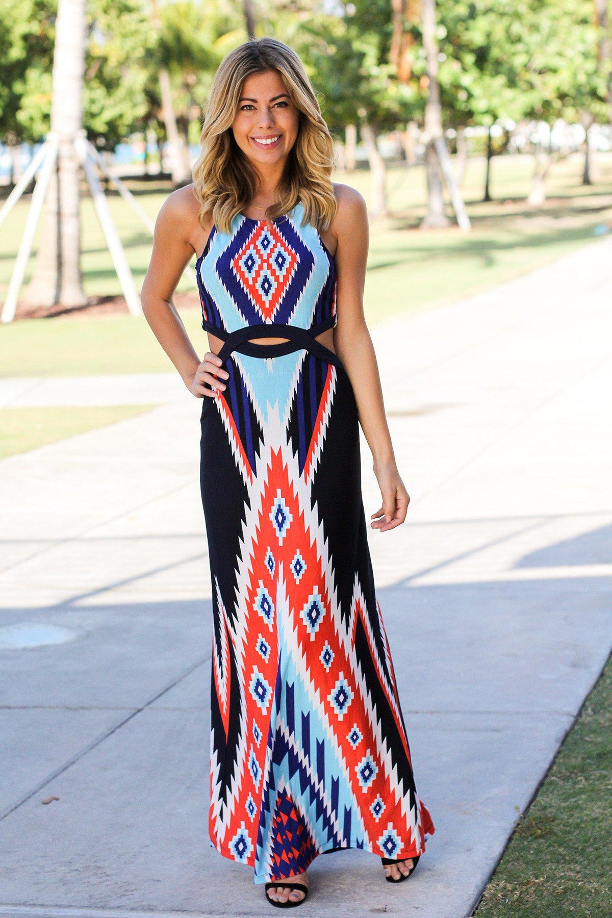 Navy Tribal Cut Out Maxi Dress | Maxi Dresses – Saved by the Dress