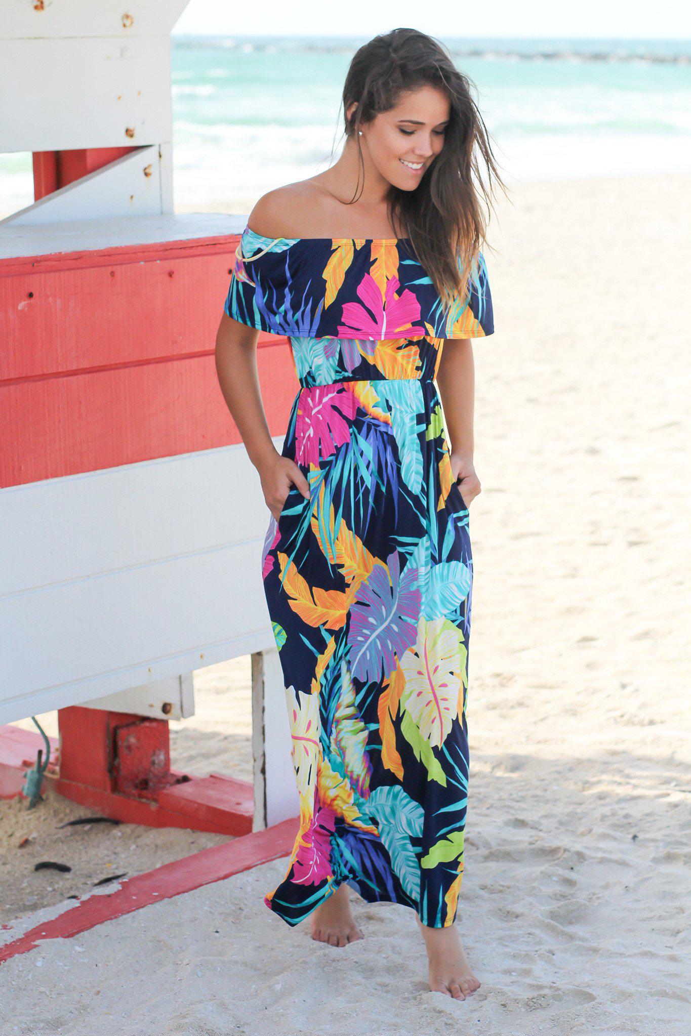 Navy Tropical Off Shoulder Maxi Dress with Strap