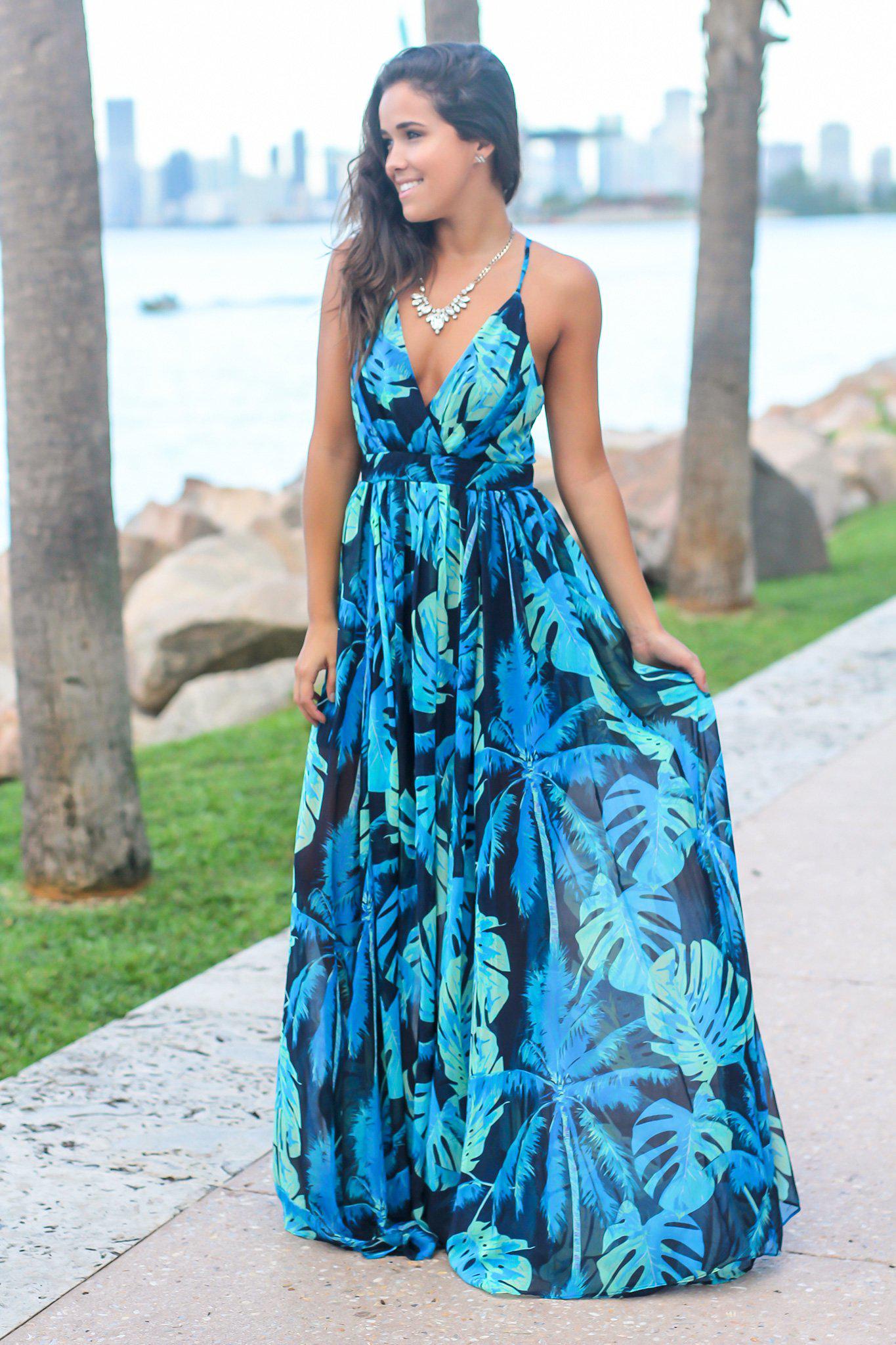 Navy Tropical Print Maxi Dress