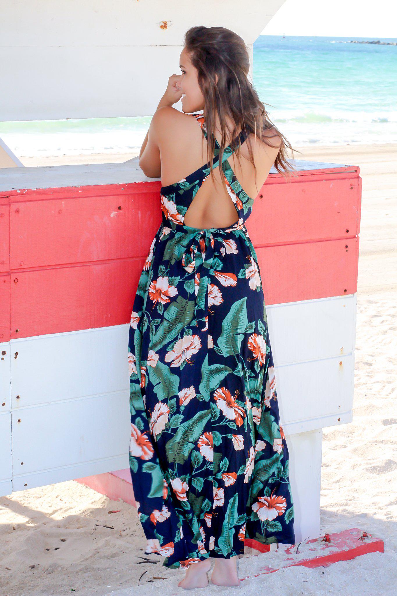 Navy Tropical Print Maxi Dress with Criss Cross Back