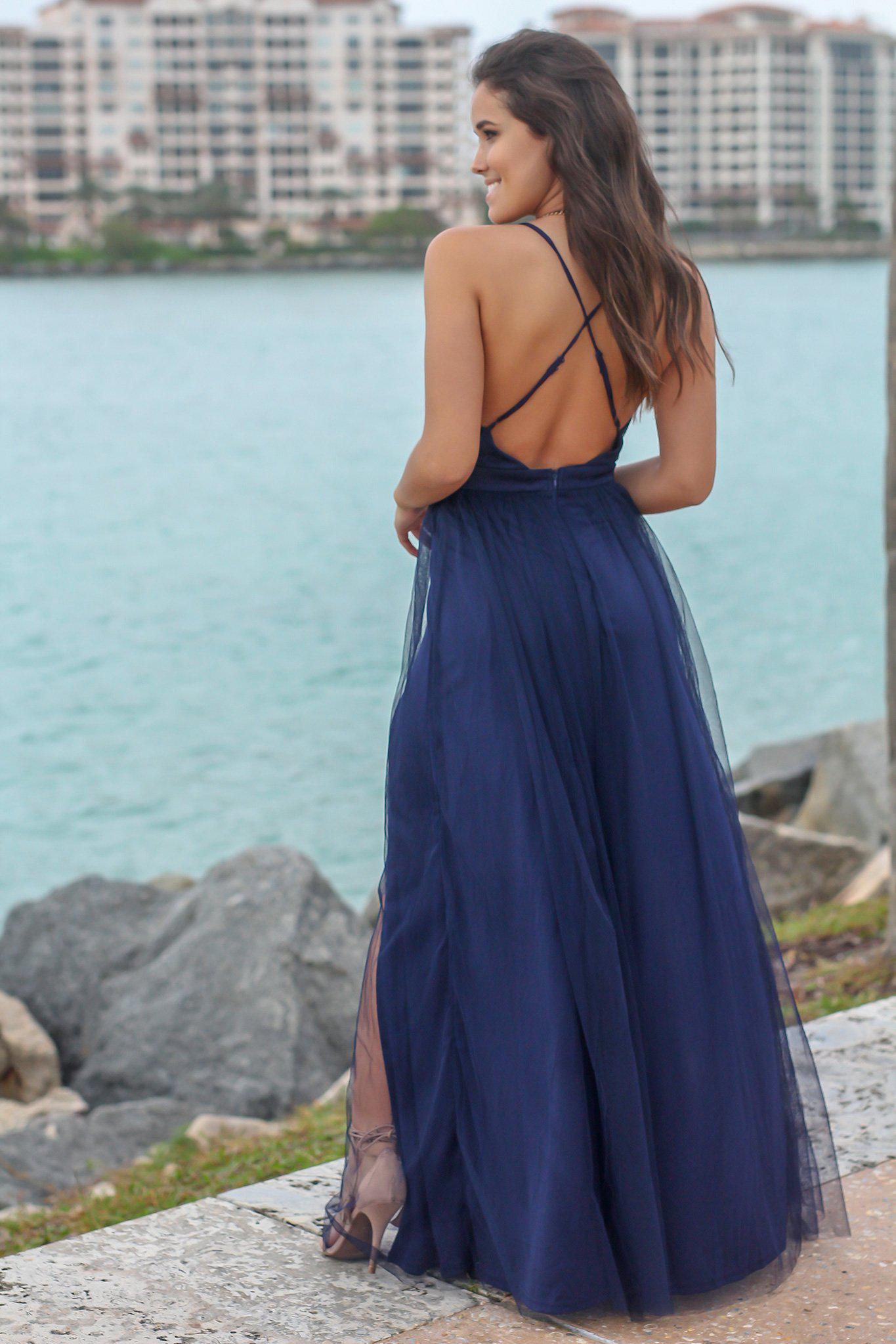 Navy Tulle Maxi Dress with Criss Cross Back