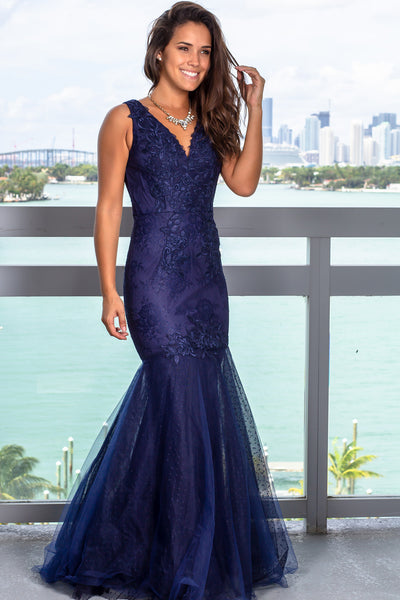 Navy V-Neck Lace Maxi Dress with Tulle Bottom