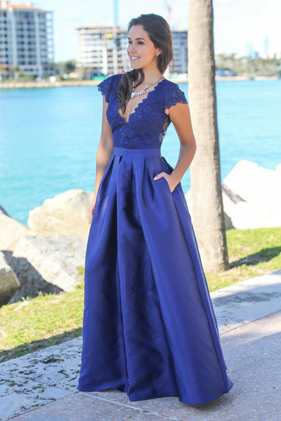Navy V-Neck Maxi Dress with Embroidered Top