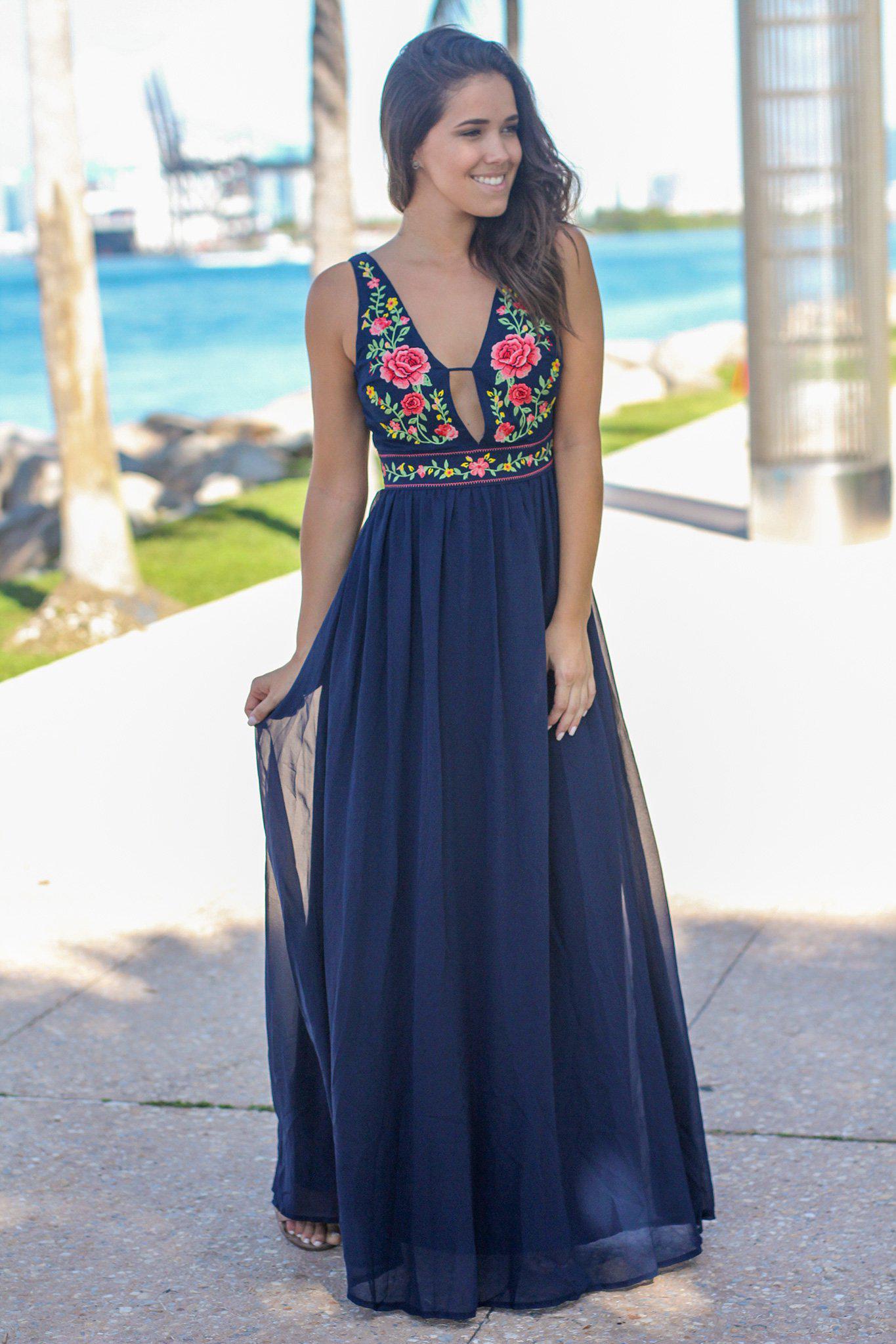 Navy V-Neck Maxi Dress with Floral Top