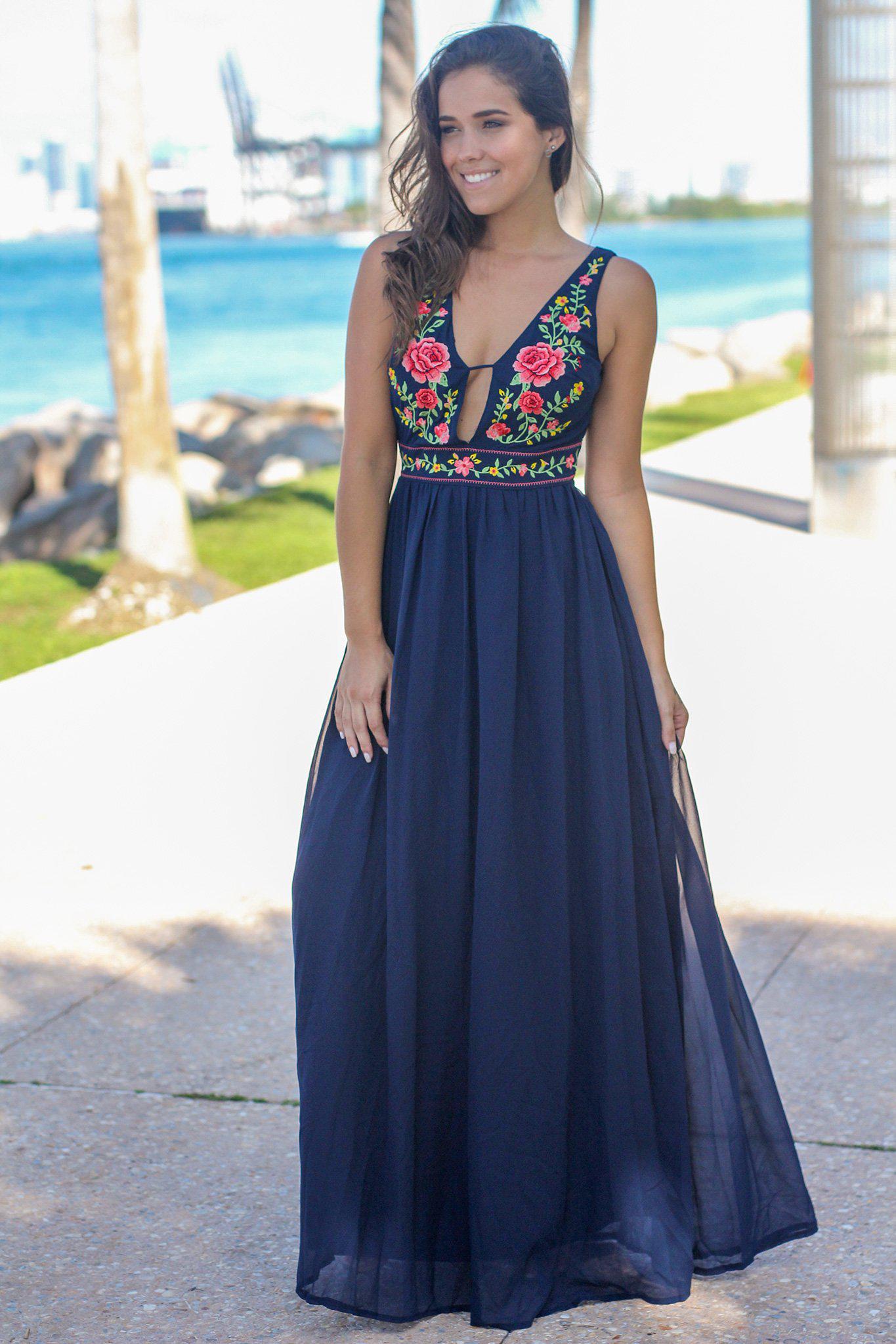Navy V-Neck Maxi Dress with Floral Top | Maxi Dresses Saved by the Dress Navy V-Neck Maxi Dress with Floral Top | Maxi Dresses Saved by the Dress