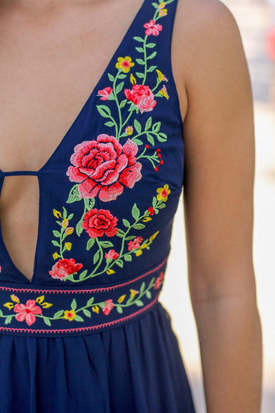 Navy V-Neck Maxi Dress with Floral Top