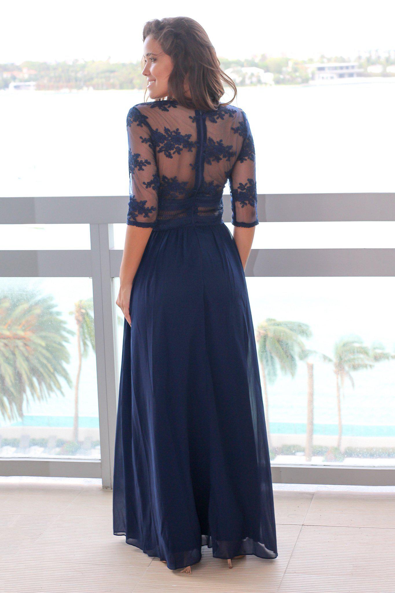 Navy V-Neck Maxi Dress with Mesh Embroidered Sleeves