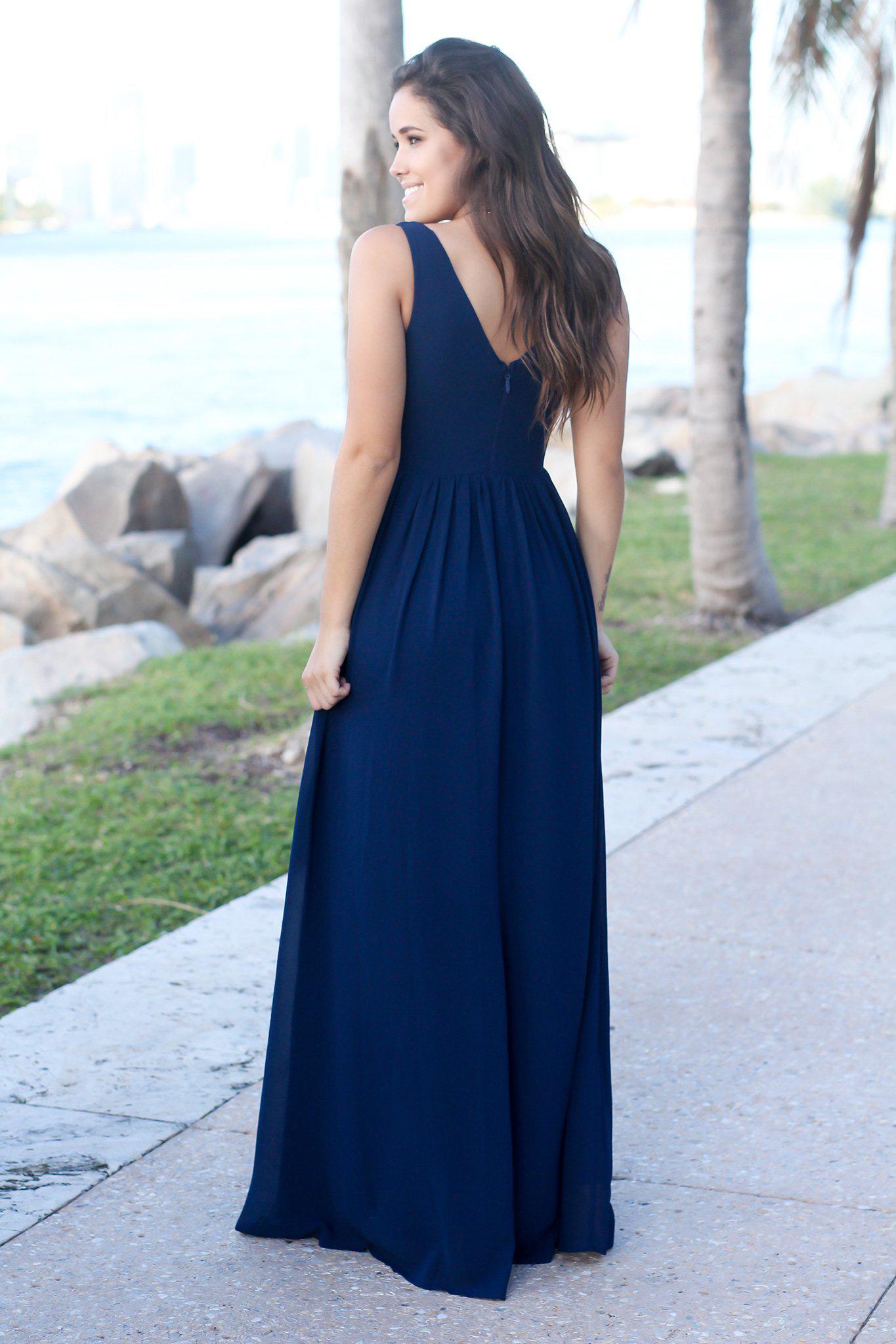 Navy V-Neck Maxi Dress with Pleated Top