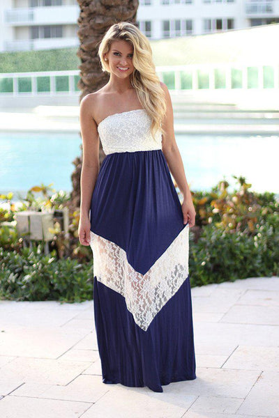 Navy and White Chevron Maxi Dress with Lace