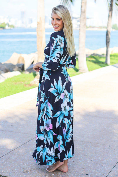 Navy and Aqua Floral Wrap Maxi Dress with 3/4 Sleeves