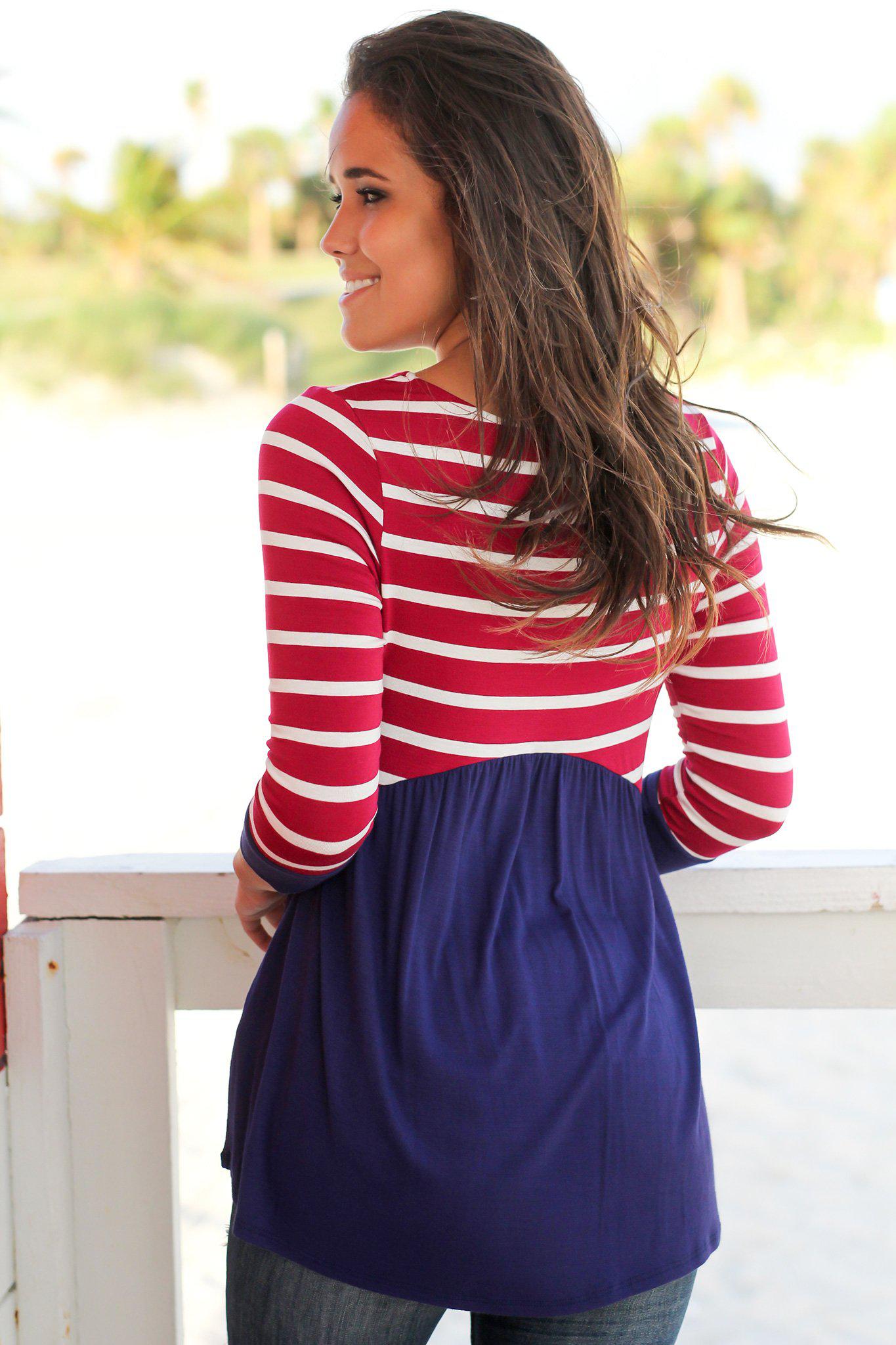 Navy and Berry Striped Top with 3/4 Sleeves