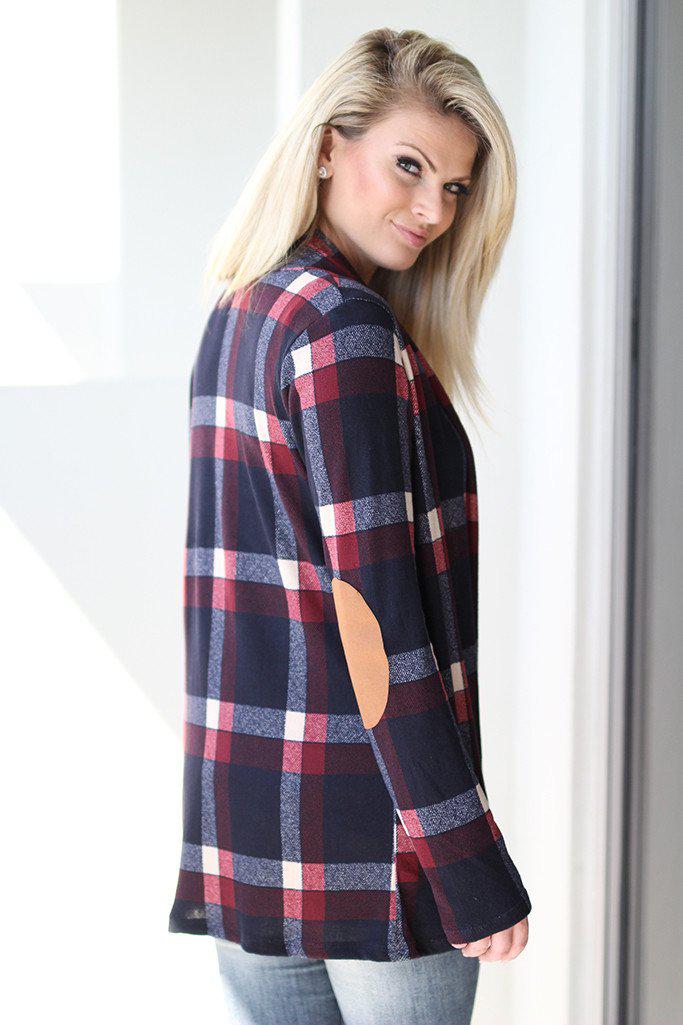 Navy and Burgundy Plaid Cardigan with Elbow Patches