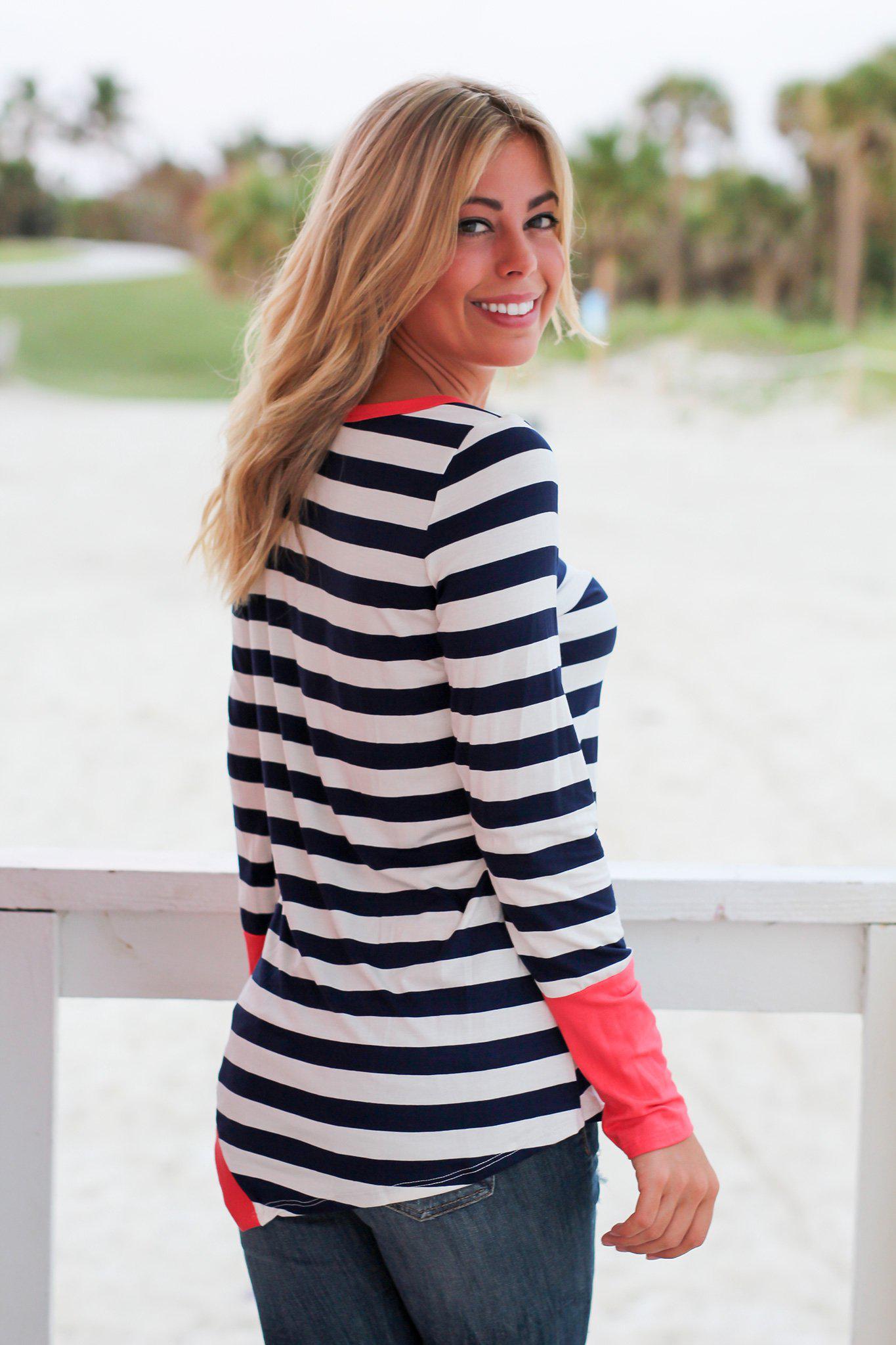 Navy and Coral Striped Top with Buttons
