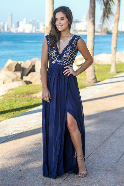 Navy and Cream Maxi Dress with Crochet Top and Tulle Back