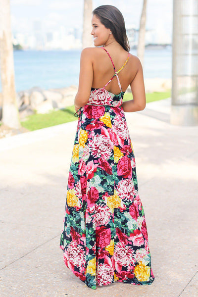 Navy and Fuchsia Floral High Low Dress