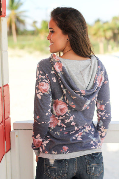 Navy and Gray Floral Hoodie