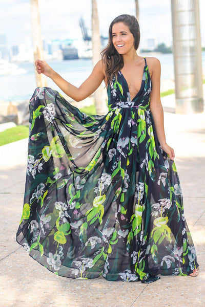 Navy and Green Floral Maxi Dress