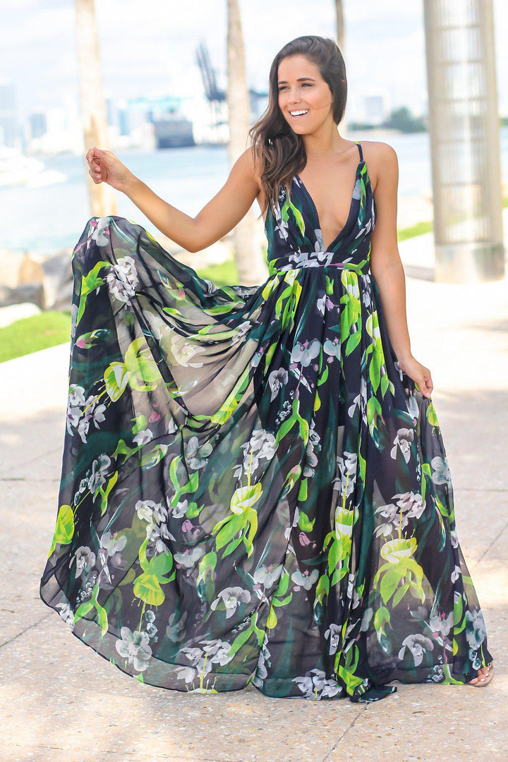 green emerald velvet dress Navy and Green Floral Maxi Dress