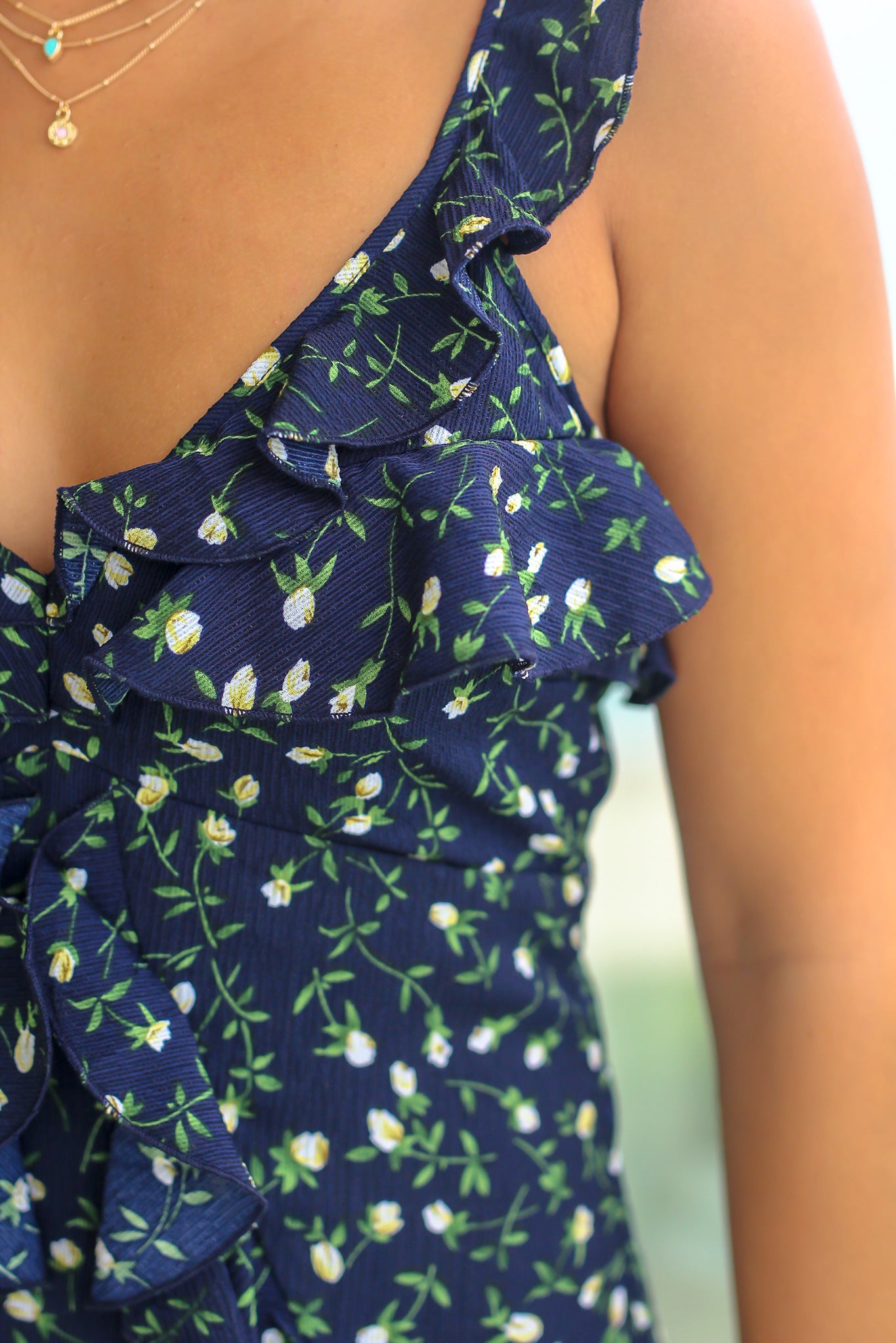Navy and Green Floral Short Dress