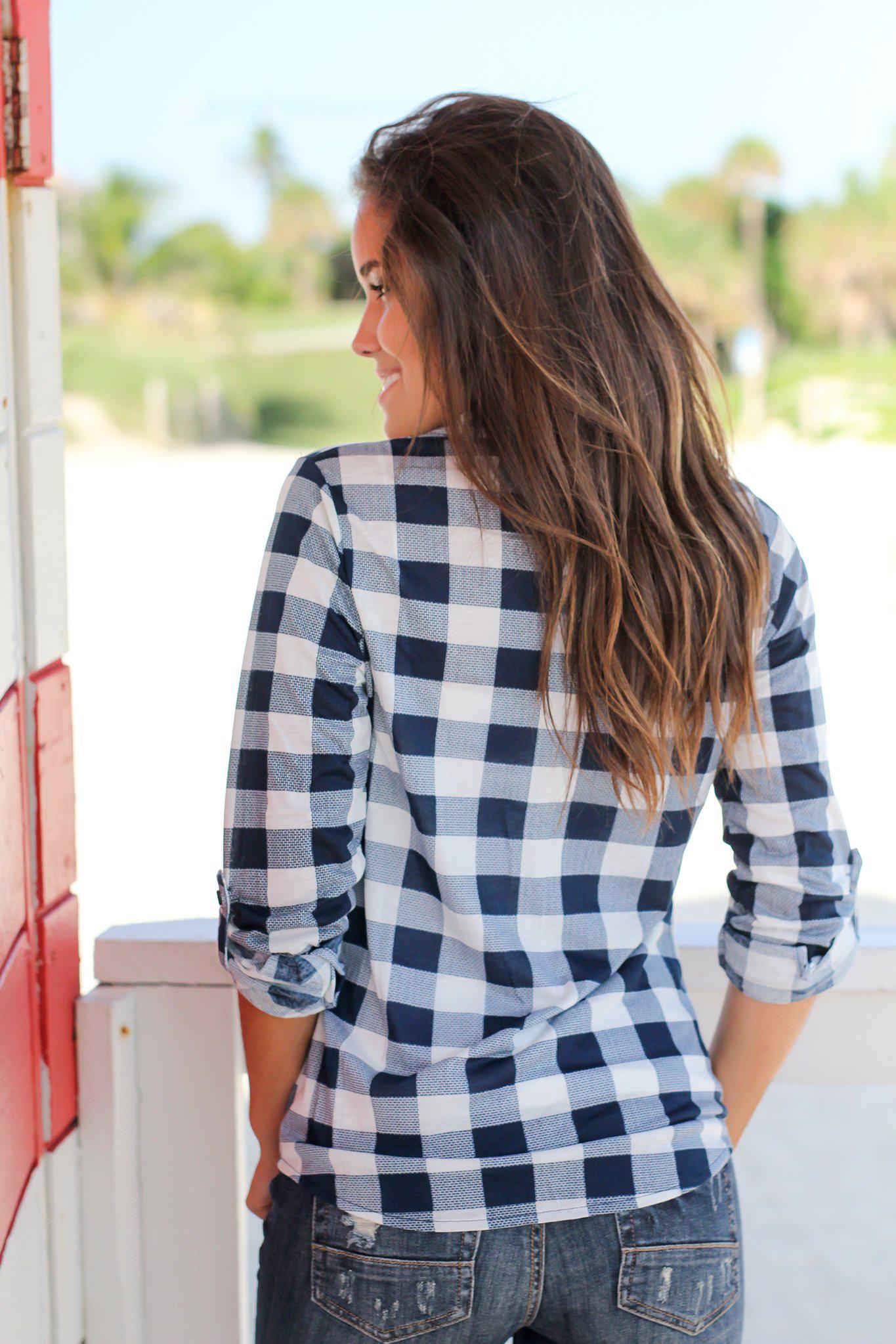 Navy and Ivory Plaid Top