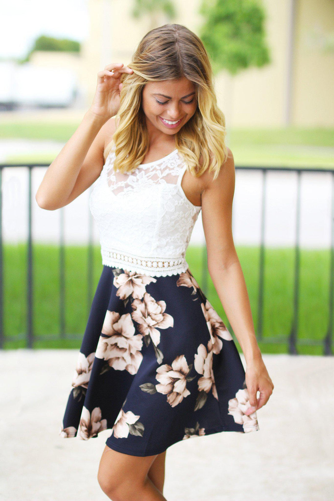 knee length dresses for ladies Navy and Ivory Floral Short Dress with Lace Top – Saved by the Dress
