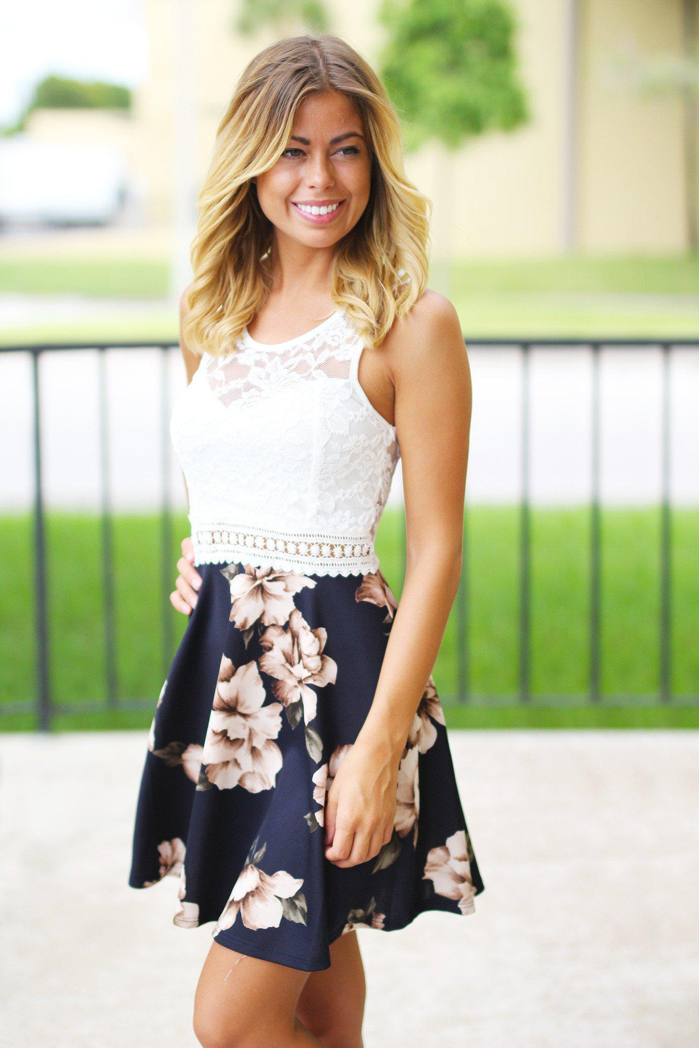 Navy and Ivory Floral Short Dress with Lace Top