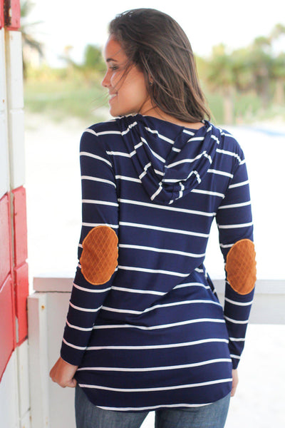 Navy and Ivory Striped Hoodie with Elbow Patches