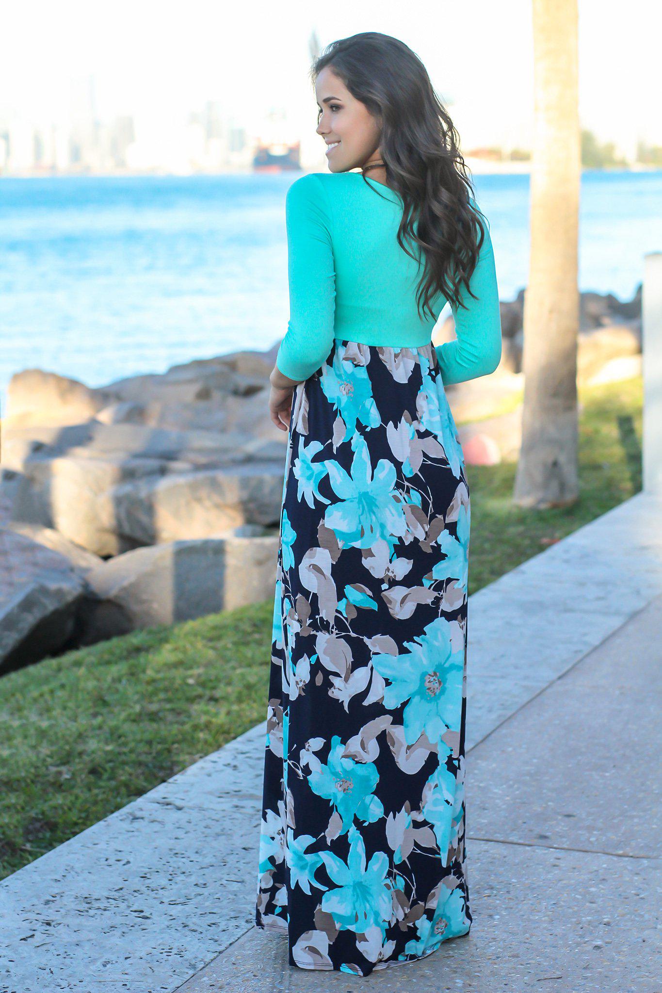 Navy and Mint Floral Maxi Dress with 3/4 Sleeves