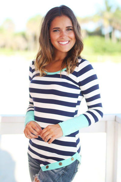 mint and navy top with buttons