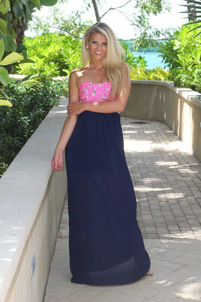 Navy Maxi Dress With Neon Pink Floral Top