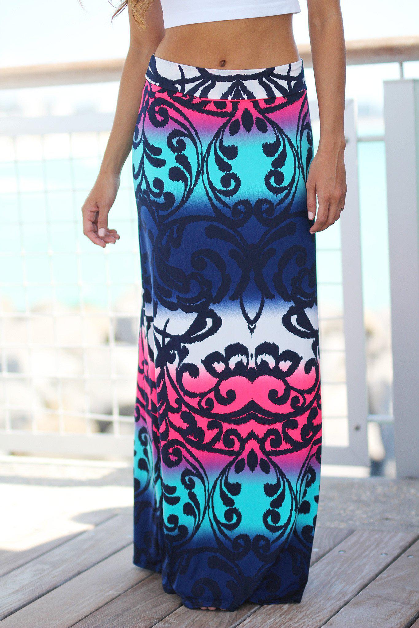 Navy and Neon Pink Printed Maxi Skirt