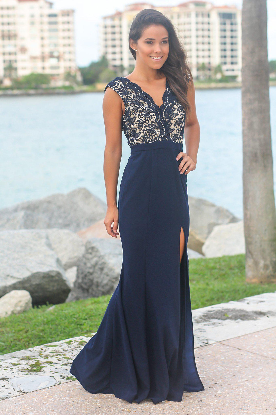 Navy and Nude Crochet Maxi Dress