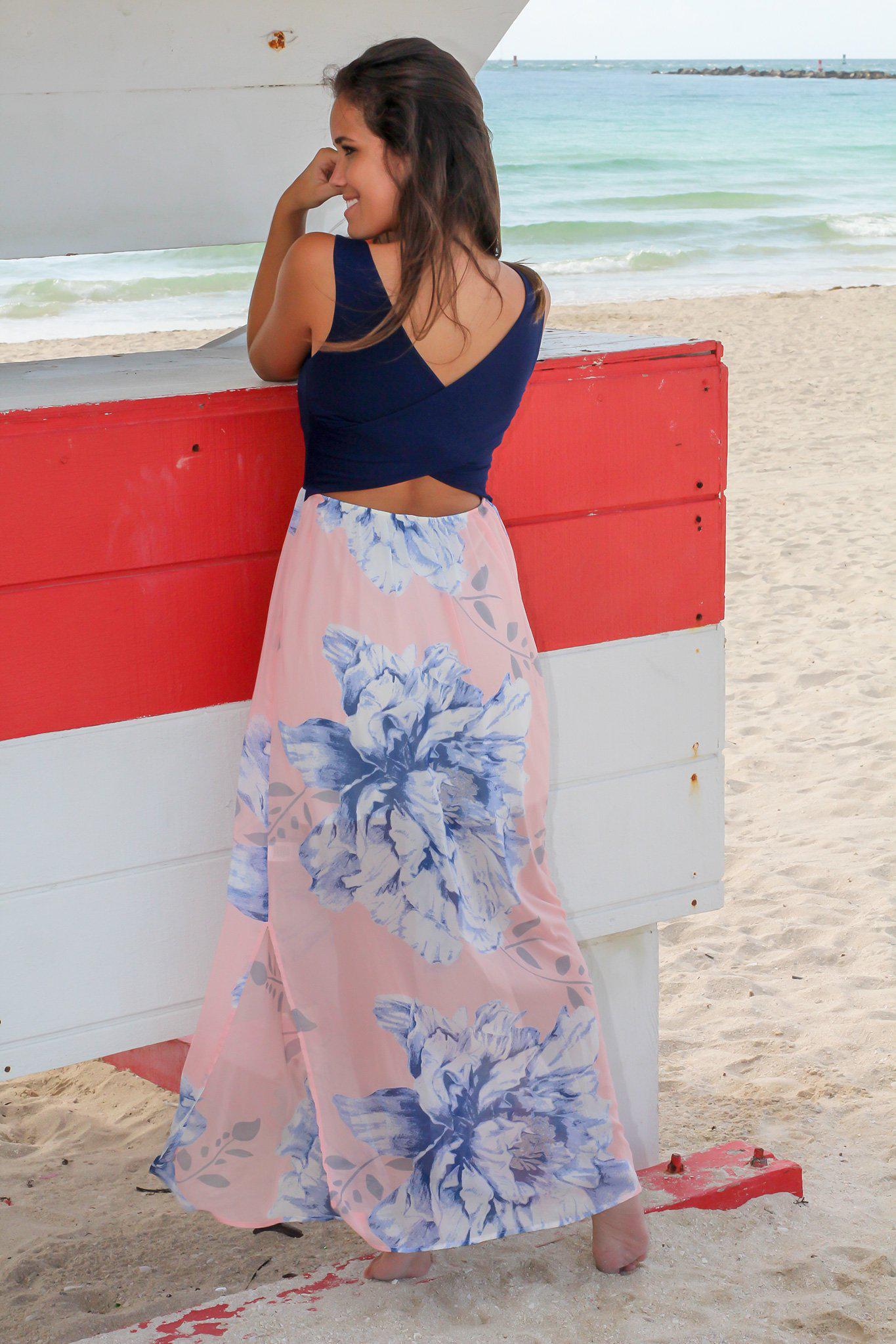 Navy and Peach Floral Maxi Dress