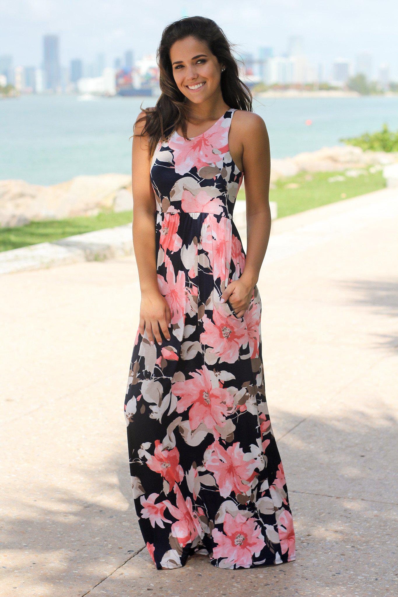  Navy and Peach Floral Print Maxi Dress