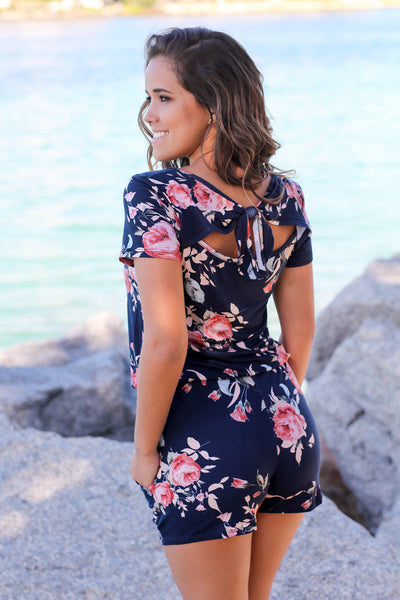 Navy and Peach Floral Romper