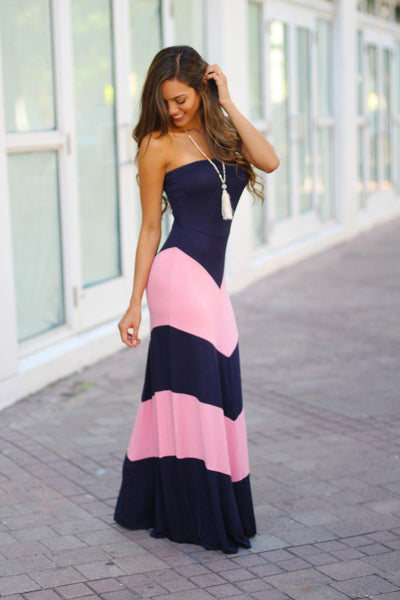Navy and Pink Chevron Maxi Dress