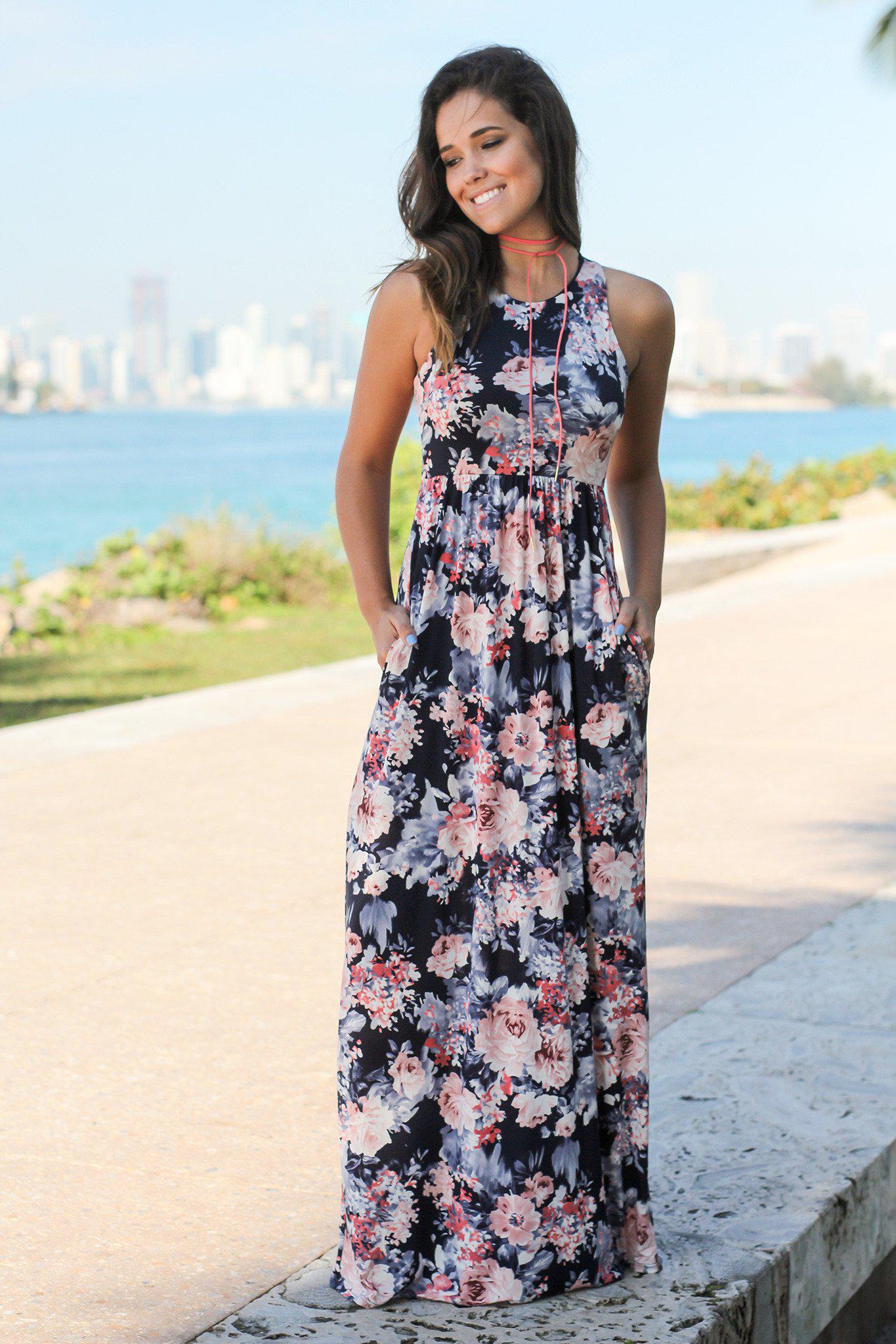 Navy and Pink Floral Racerback Maxi Dress
