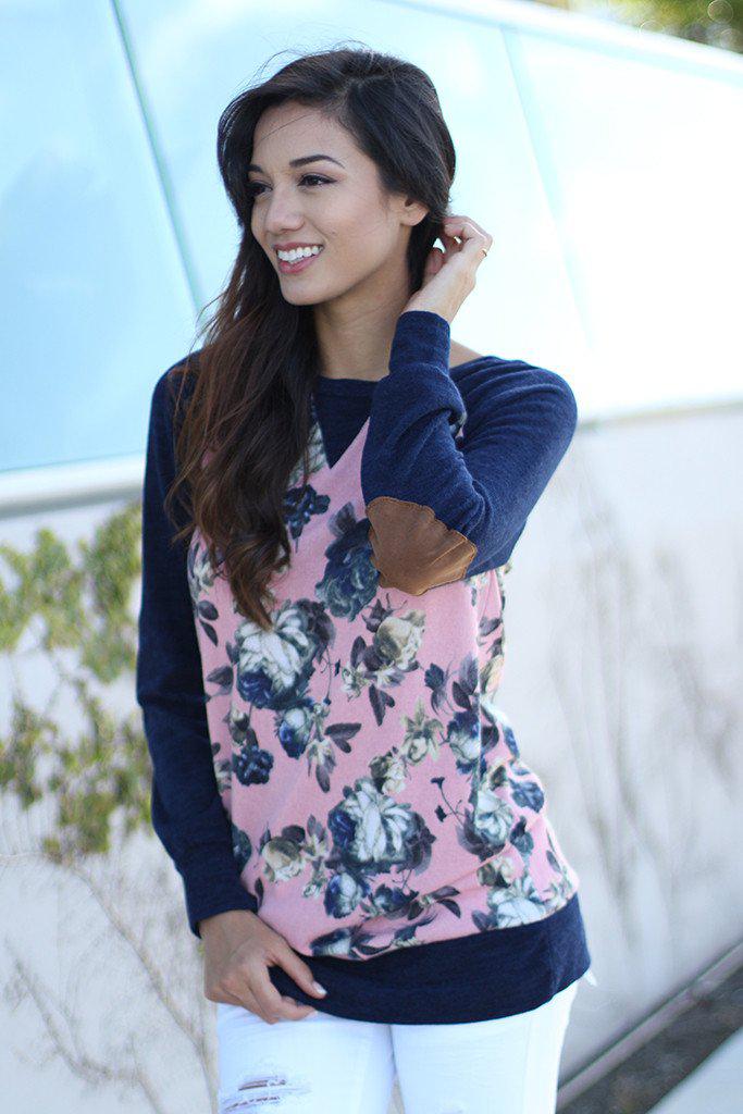 Navy and Pink Floral Top With Elbow Patch